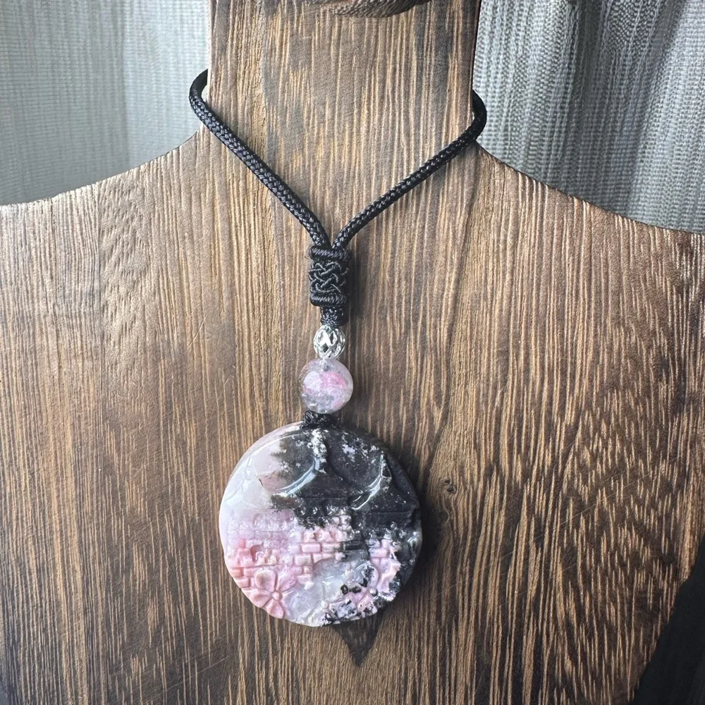 Icy Rhodonite Landscape and Flowers Pendant Necklace on Black Adjustable Rope - Picture 14 of 16